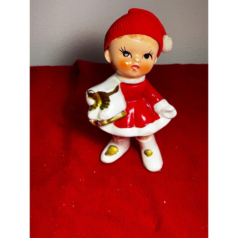 Vintage Napcoware Christmas Girl Figurine Red Knit Hat Japan Ceramic MCM